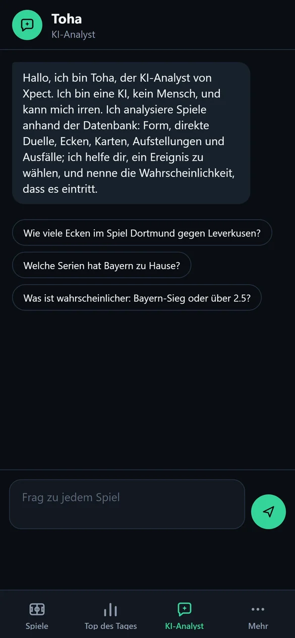 Toha, der KI-Analyst von Xpect, beantwortet Fragen zu Fußballspielen