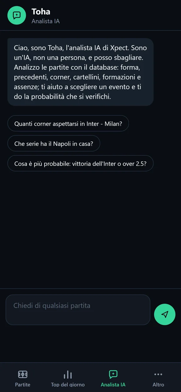 Toha, l'analista IA di Xpect, risponde alle domande sulle partite di calcio